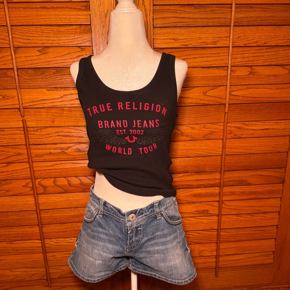 True Religion World Tour Graphic Tank Top Black Red Ribbed Sleeveless Small